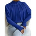 thumbnail image 2 of Women Knitted Bat Sleeve Solid Long Sleeve Mock Neck Sweaters Blue S, 2 of 7