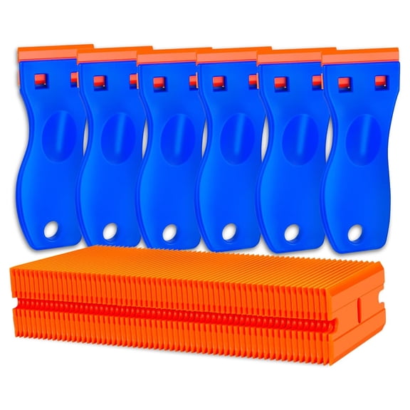 Plastic Razor Blade Scraper Tool, 6 Pcs Razor Scraper with 60 Pcs Plastic Blades, Cleaning Scraper Remover for Removal Floor Stove Scraping Labels and Decals Sticker on Car Window Glass