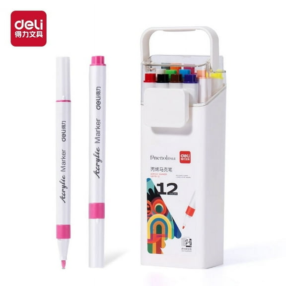 Deli Quick Drying Acrylic Paint Markers Paint Pens Set for Wood, Rock, Canvas, Pens,T-shirt，12 Colors