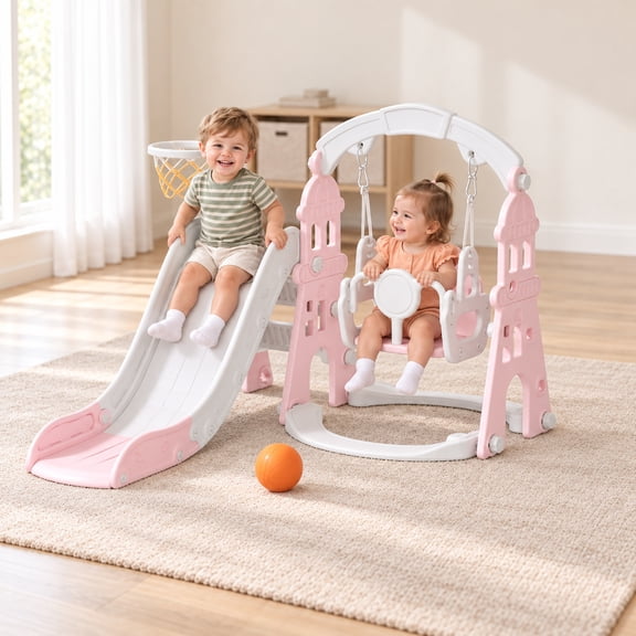 XJD 4-in-1 Kids Slide and Swing Set - Perfect for Toddlers 1-5 Years - Extra-Large Indoor and Outdoor Playground - Includes Slide, Swing, Basketball Hoop, and Climber - Pink