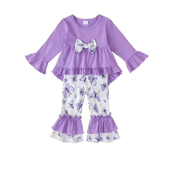 4T Baby Girls Clothes 5T Girls 2PCS Outfits Set Flower Print Toddler Girls Long Sleeve Top Pants Set Purple
