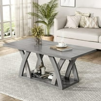 Farmhouse Coffee Table with Shelf, Wood Coffee Table for Living Room, Open Display Area,47” Grey