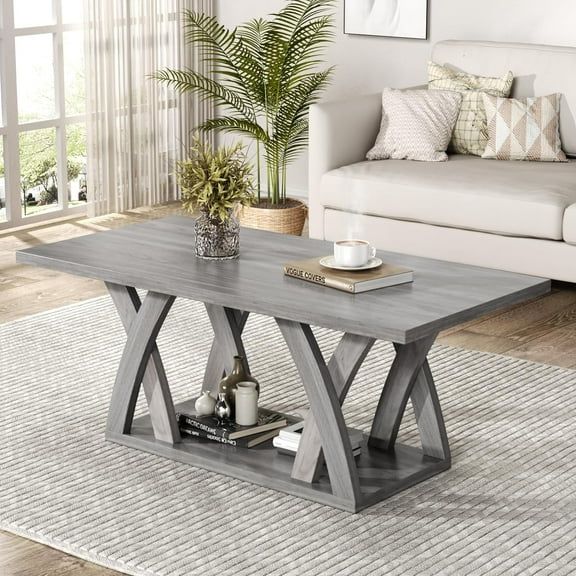 Farmhouse Coffee Table with Shelf, Wood Coffee Table for Living Room, Open Display Area,47” Grey