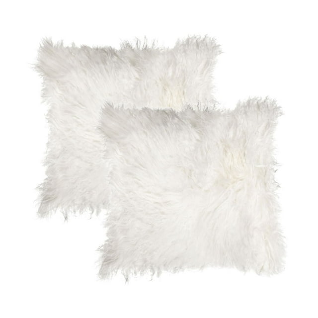 MONGOLIAN SHEEPSKIN PILLOW 18" X 18" 2-PACK showing two white square pillows with long, thick Mongolian sheepskin fur, loom-knotted with hidden zipper closure and soft microsuede backing, suitable for adding warmth and texture to home décor.