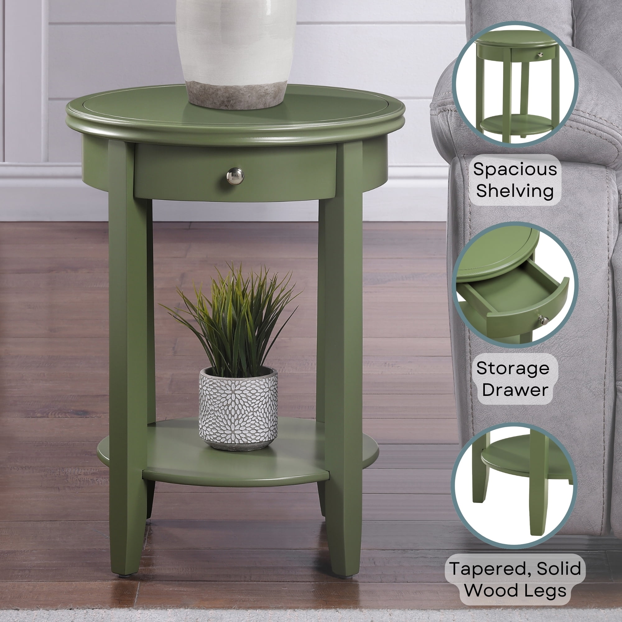 Convenience Concepts American Heritage Baldwin 1 Drawer End Table with Shelf, Dark Sage Green