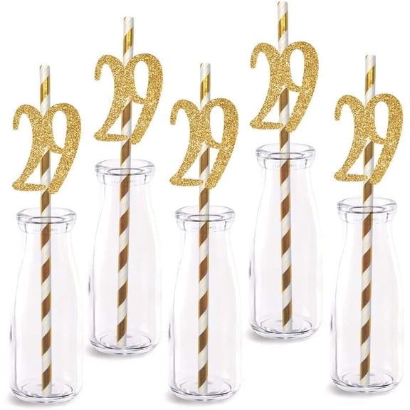 29th Birthday Paper Straw Decor, 12pcs Real Gold Glitter Cut-Out Numbers Happy 29 Years Party Decorative Straws
