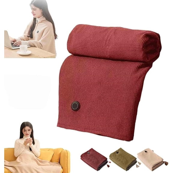 Portable Heated Shawl Wraps for Women, 60"X 31" Heated Shawl with 3 Heating Levels, USB Heated Blanket Shawl, Portable Soft Zipper Shawl Wraps for Women(Wine)