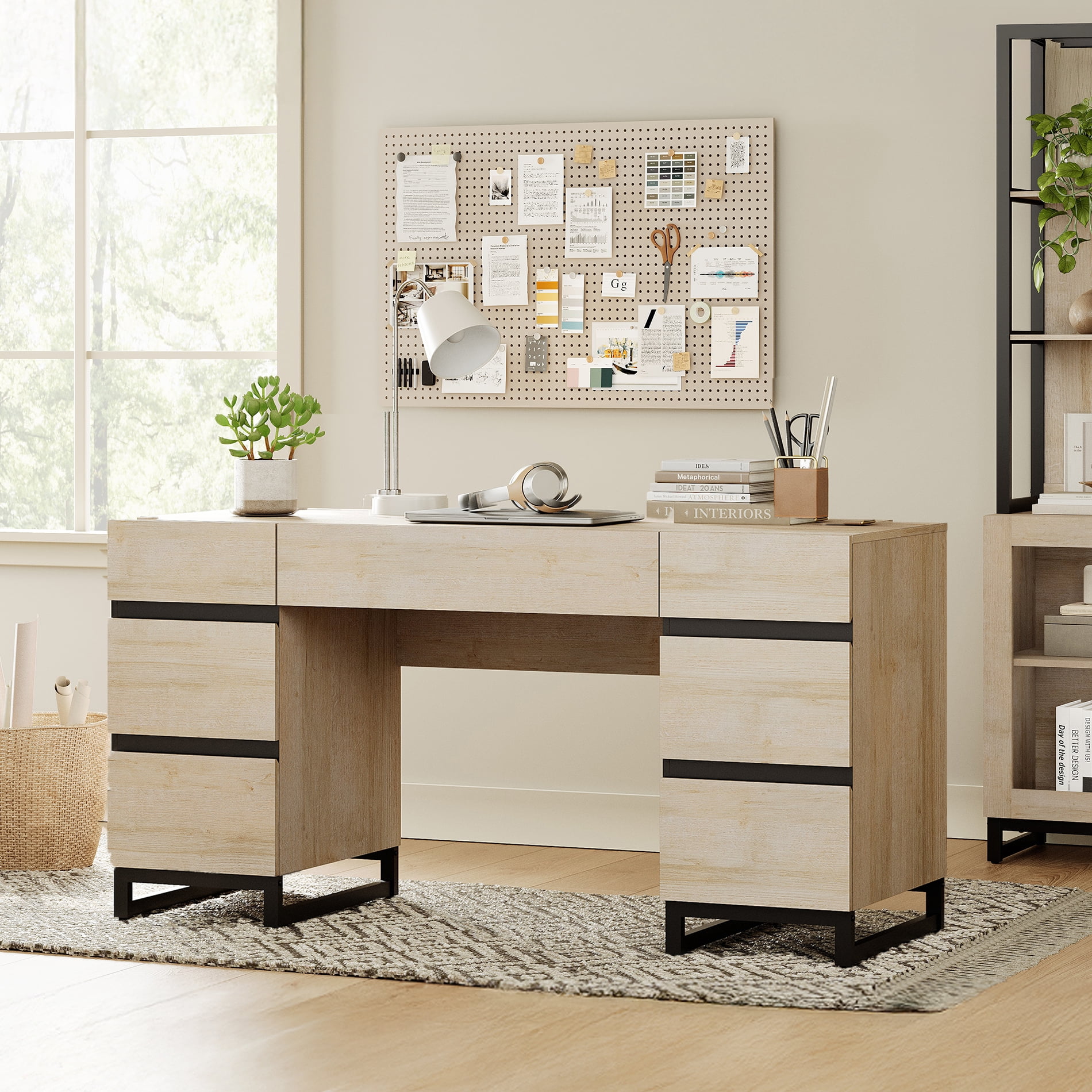59" Modern Executive Desk with 7 Drawers, Wood Computer Desk with Built-in Charging Station,Rustic Beige Study Table for Home Office, Bedroom & Living Room