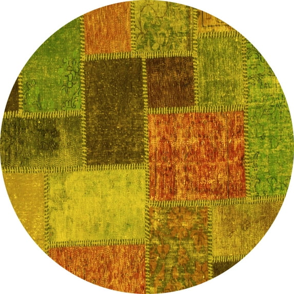 Ahgly Company Machine Washable Indoor Round Patchwork Yellow Transitional Area Rugs, 8' Round
