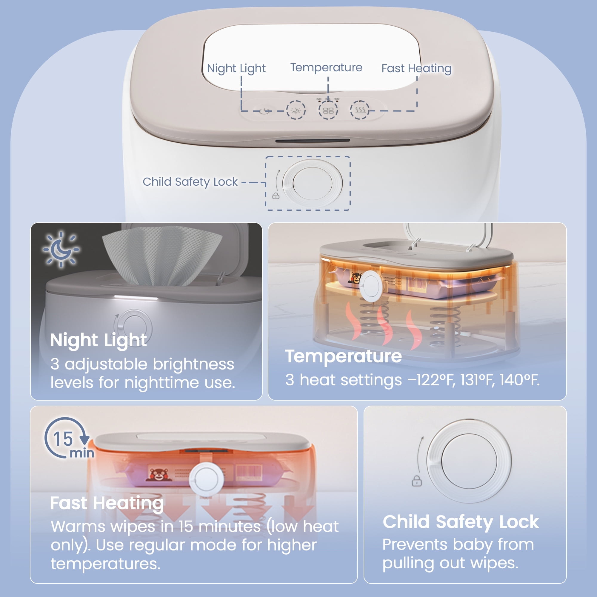 Wipes Warmer with Safety Lock, Large Capacity Wipes Dispenser with Night Light, Fast and Even Heating, 4 Modes of Temperature Heating Control,Grey
