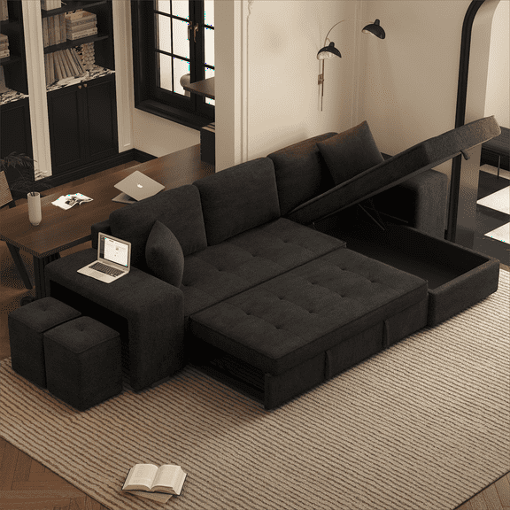 EUROCO 104" Longer Reversible Sectional Couch,Chenille Pull Out Sleeper Sofa with Storage Chaise, 2 Stools, 2 Pillows and a Storage Cabinet,Charcoal Grey