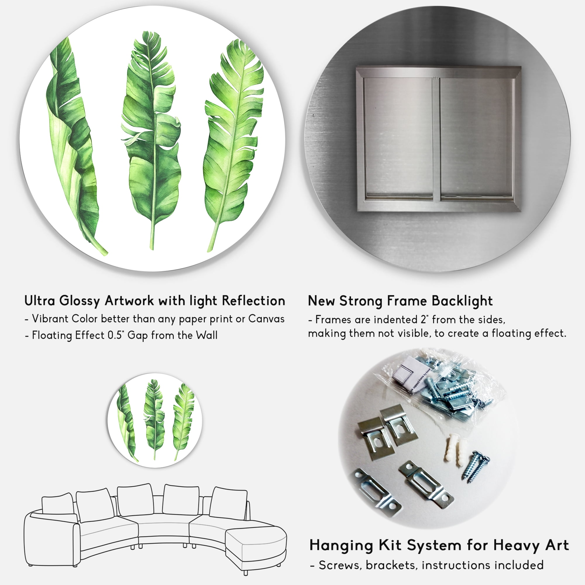 Designart 'Tropical Banana Leaves Set On White' Farmhouse Circle Metal Wall Art 23x23 - Disc of 23