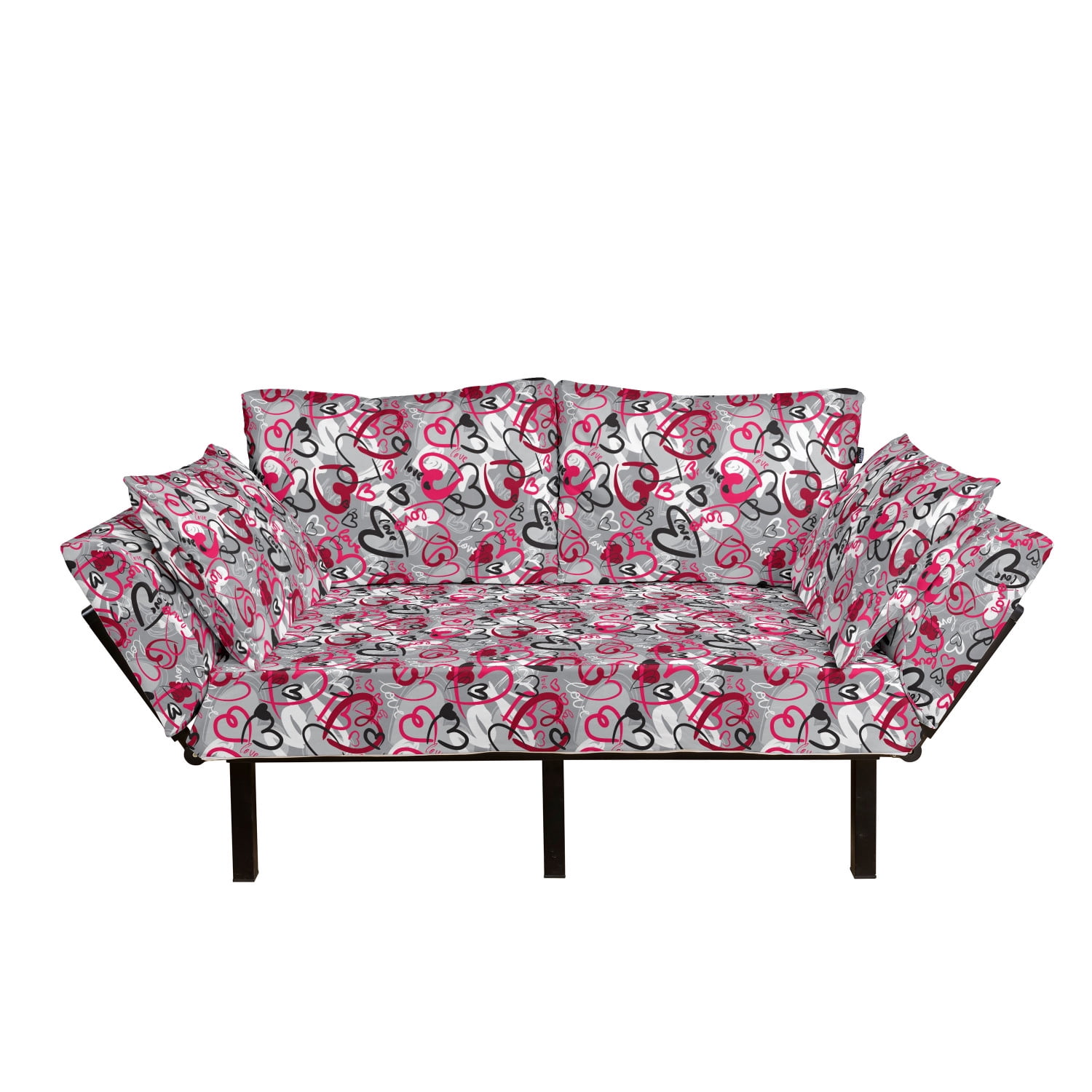 Love Futon Couch, Romantic Random Hand Drawn Style Hearts and Love Words Crazy Romance