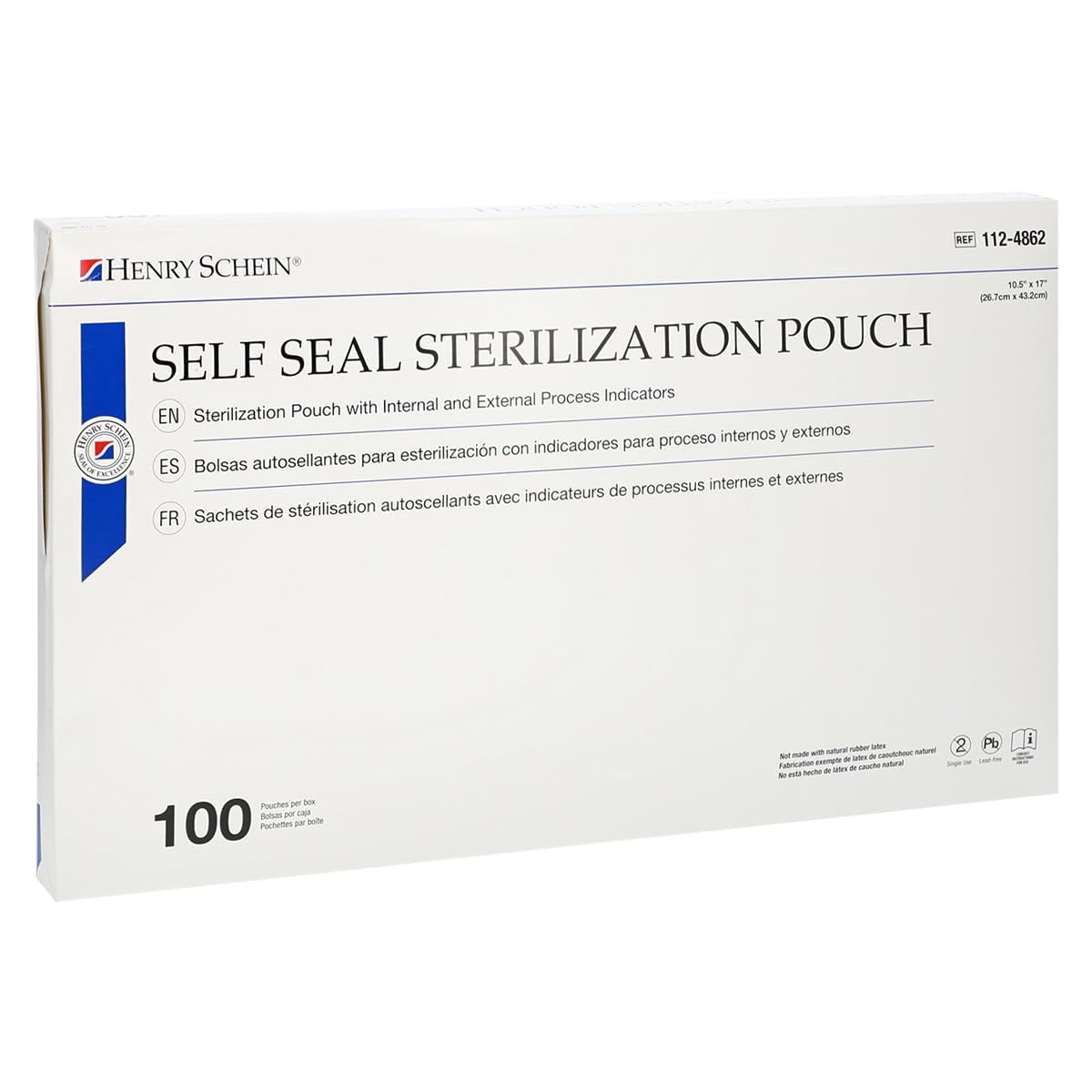 Self-Sealing Sterilization Pouches, Latex-Free, Built in Color Change Guide 10.5 in x 17 in 100/Bx, 6 Boxes, 600 Count
