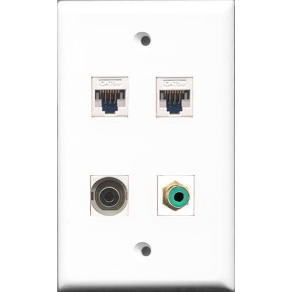 RiteAV - 1 Port RCA Green and 1 Port 3.5mm 2 Port Cat5e Ethernet White Wall Plate
