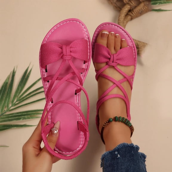 CQONEPT Women's Flat Sandals Comfortable Elastic Strappy Casual Summer Beach Sandals with Bow Lightweight Cute Walking Sandals Hot Pink 43