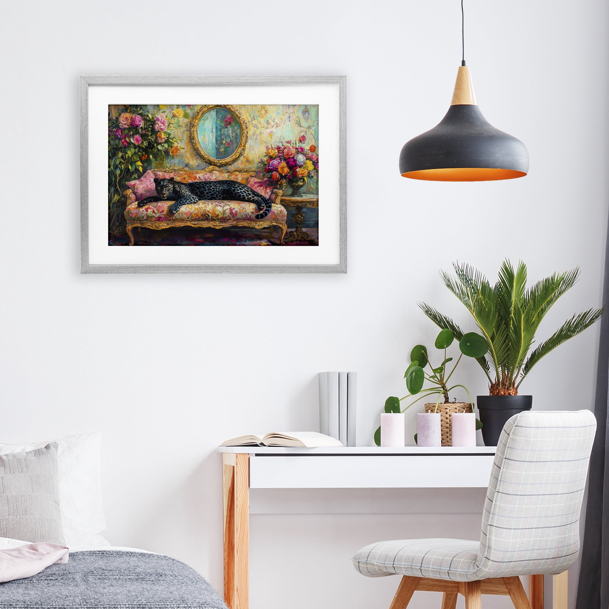 Stupell Industries Lounging Leopard on Floral Sofa Gray Framed Print Under Glass, design by Petal Prints Design