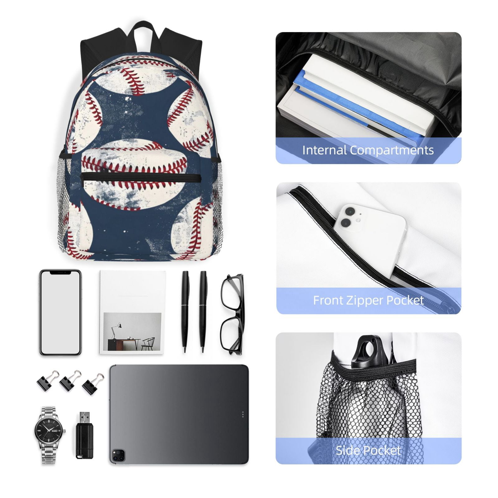 Casual Backpack Water Resistant Lightweight Daypack For Work Travel Hiking Camping Laptop Compartment & Side Mesh Pockets Vintage Baseball Theme Retro Sport Style Worn Leather Baseballs