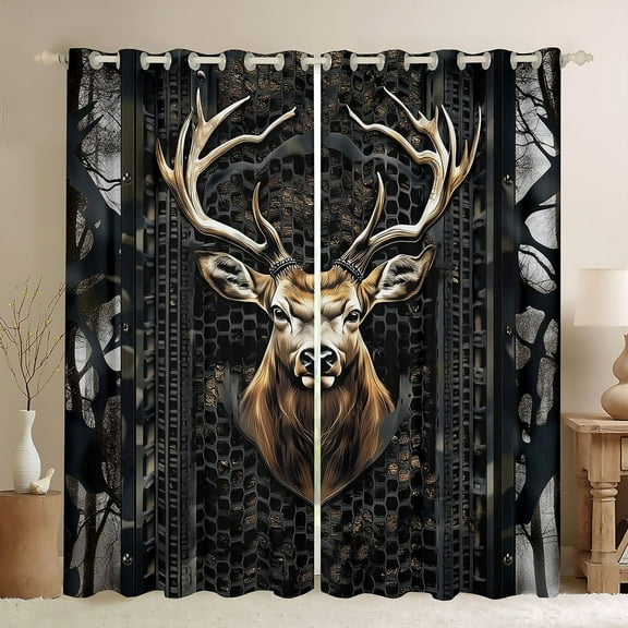 Manfei Safari Deer Black Out Curtains for Teens Boys Girls,Abstract Black Camouflage Curtains Pack of 2 (42x63 Each),Jungle Animal Bedroom Curtains,Super Cozy Room Decor