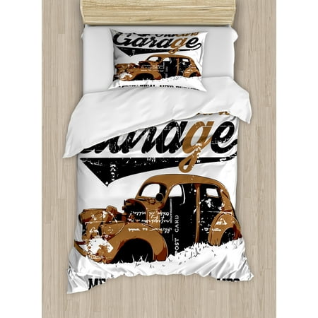 Black And White Skull Bedding Cars Duvet Cover Set, Old Garage Mechanical Auto Repairs Truck Company Skull Grunge Display, Decorative Bedding Set with Pillow Shams, Pale Brown Black White, by Ambesonne ()