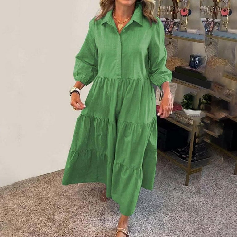 SMihono Women's Loose Fit Puff Sleeve Maxi Tiered Babydoll Dress Collared  V-Neck Cotton Long Button Down Cotton Linen Dresses Green XXL - Walmart.com
