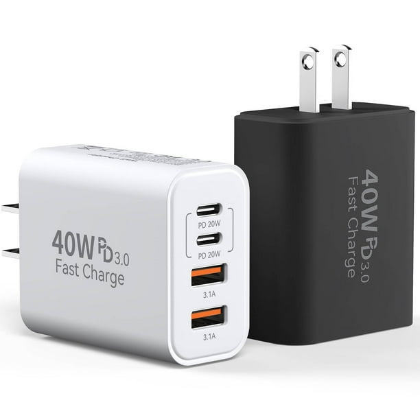 Bloque de cargador USB C de 40 W y 4 puertos para iPhone, Galaxy y Pixel, paquete de 2
