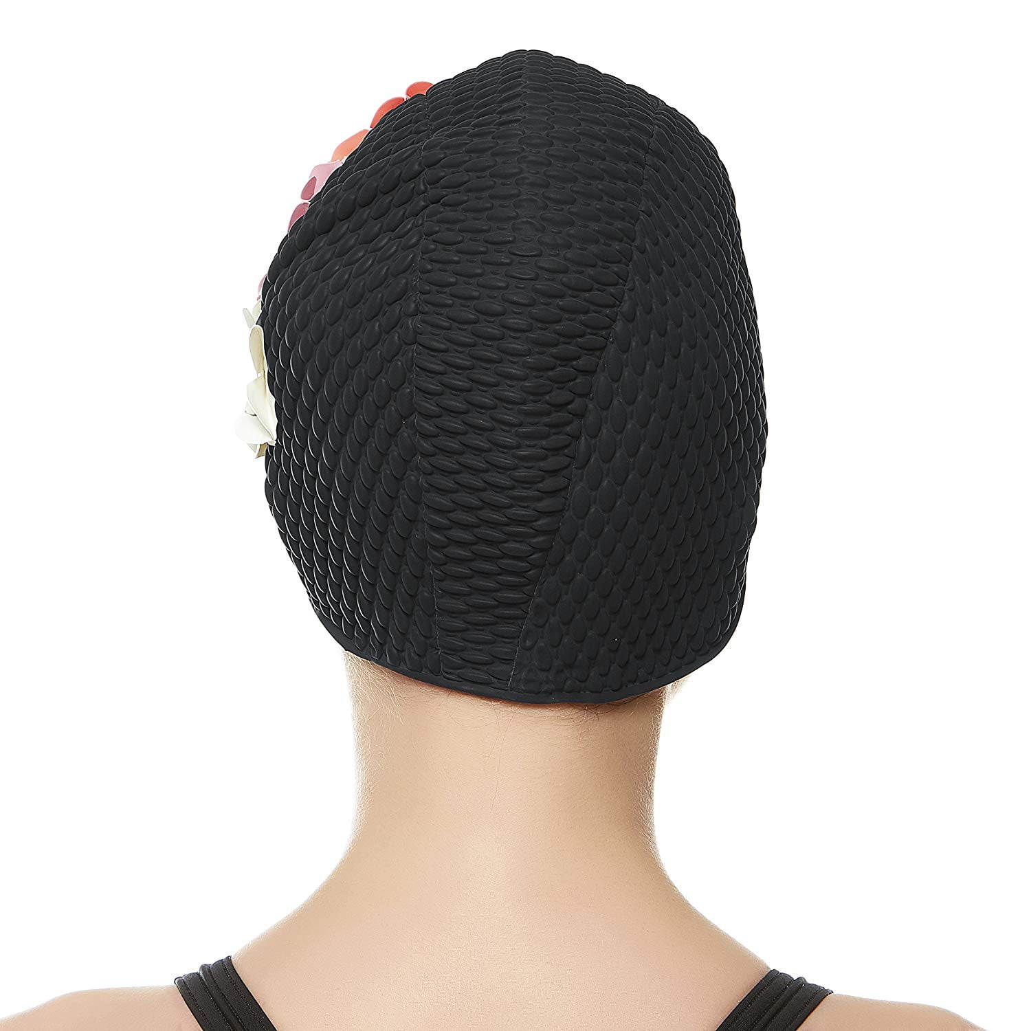 Beemo Swim Bathing Caps for Women & Girls - Retro Style Latex Bubble Crepe Swimming Hat with Tripple Flowers for Long/Short Hair