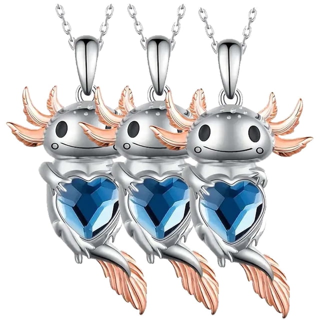 Collar y Dije de Ajolote AxolotlNeck04 3Pzas Ajolote/Corazón Plata/Azul Metal Cadena y Dije.