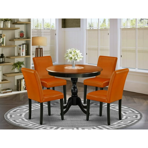 AMAB5-BCH-61 - Dining Table and 4 Baked Bean PU Leather Chairs - Black Finish