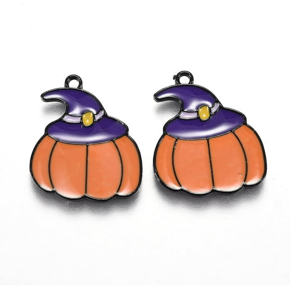 5Pcs Pumpkin Pendants 22x18.5x1.5mm Orange Pumpkin with Purple Magic Hat Alloy Enamel Pendants Autumn Theme Pendants Electrophoresis Black with 1.6mm Hole Perfect for Crafting and Accessories