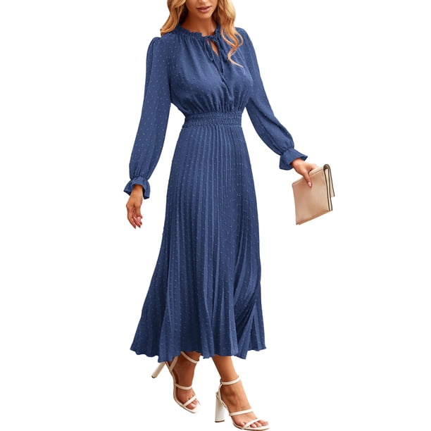 Vestido PRETTYGARDEN 2025 de Manga Larga con Diseño Swiss Dot Midi Azul Talla M