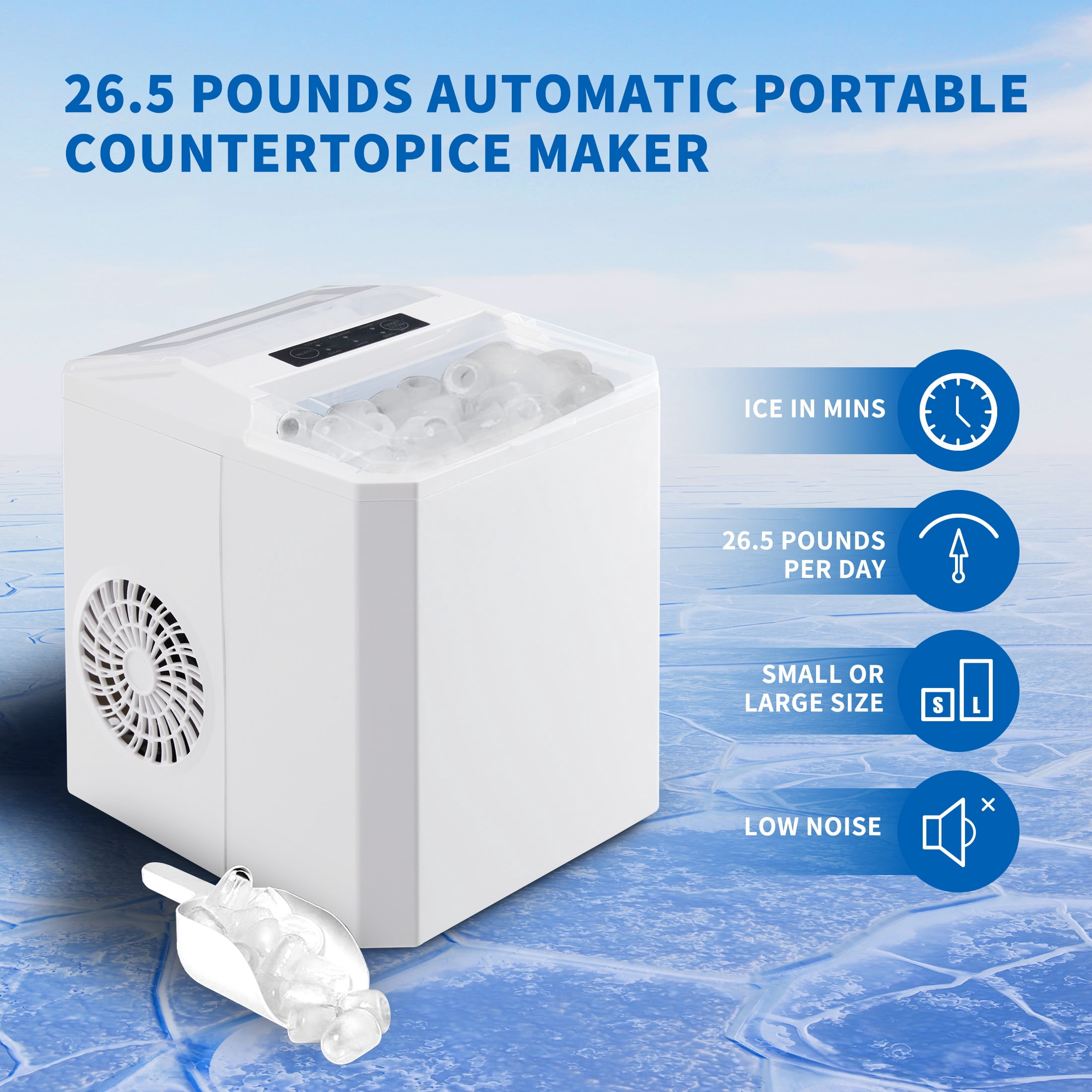 WANAI Portable Ice Maker,26.5 lbs/24H,2 Sizes,Self-Cleaning Ice Machine with Ice Scoop and Basket,9 Cubes Ready in 8 Mins