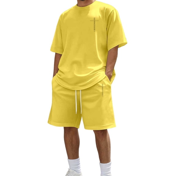 IWRICH Summer Outfits for Men 2 Piece Solid Color Short Sleeve Shirts and Shorts Sets Yellow XL