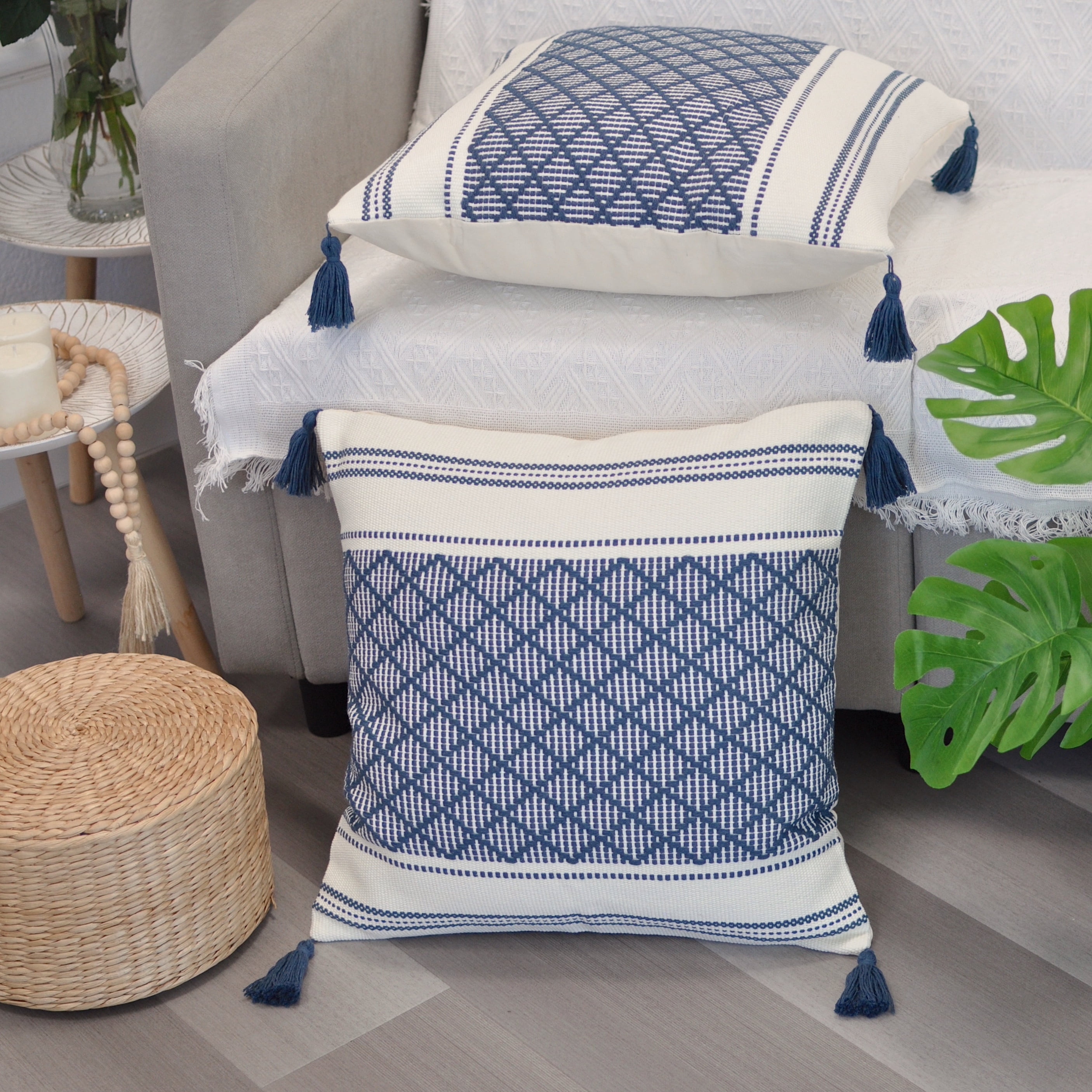 Throw Pillow Covers With Boho Tassels Navy Blue & Off White 16x16 inch - Set of 2 / Decorative Living Room Cushion Covers / Farmhouse Designer Woven PillowCases/ Modern Accent Cushion Covers