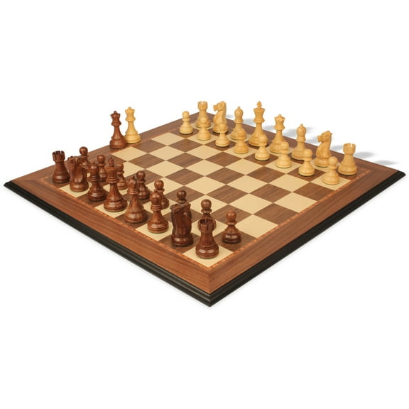 Fischer-Spassky Commemorative Chess Set Golden Rosewood & Boxwood Pieces with Walnut & Maple Molded Edge Board - 3.75" King