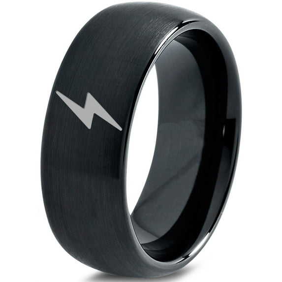 Tungsten Flash Thunder Lightning Bolt Band Ring 8mm Men Women Comfort Fit Black Dome Brushed Polished
