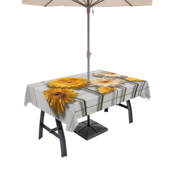 Outdoor Tablecloth with Umbrella Hole for Patio/Picnic/Party/Camping, Daisy Flower Waterproof Table Cloth Rectangle Table Cover Washable, Yellow Gray Floral Minimalist White Bricks (60"x 84")