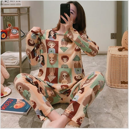 

Autumn Thin 2pieces Pyjamas Set Women Sleepwear Lovely Home Suits Round Neck Girls Teacup SleepwearLong Sleeve Pajamas