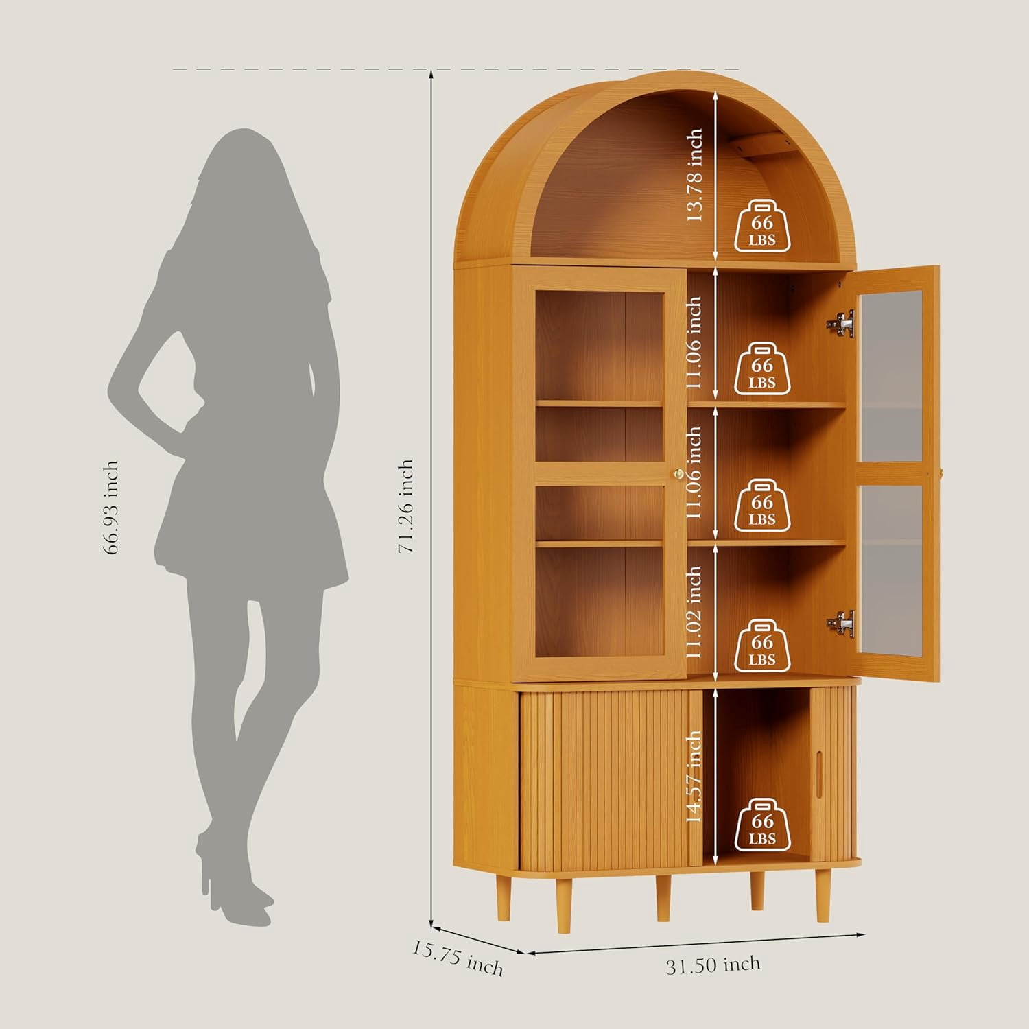 71" Arched Cabinet with Glass Doors, Fluted Tall Pantry with Sliding Doors＆ Adjustable Shelves, Modern Accent Cabinet for Living Room, Kitchen, Dining Room, Yellow Walnut