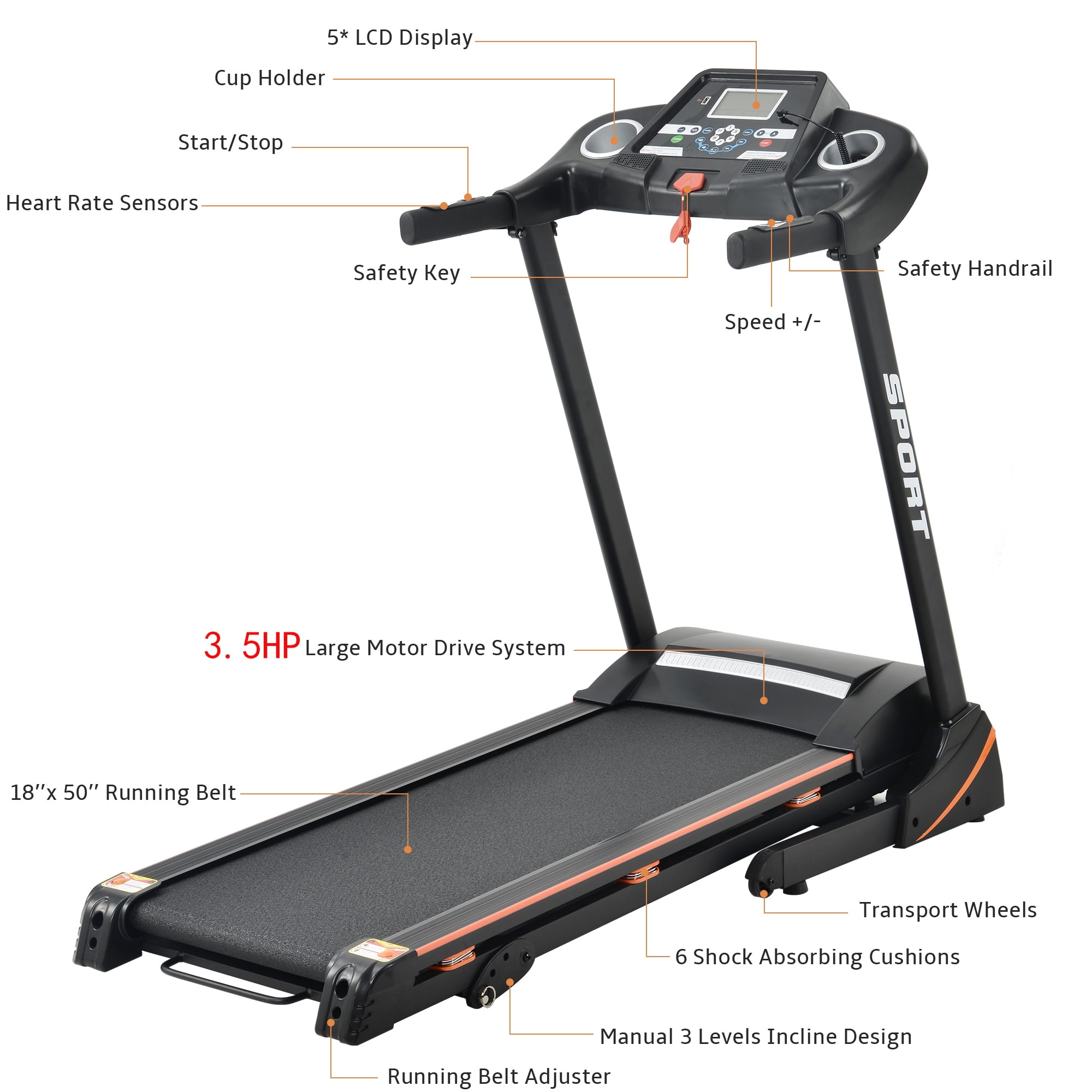 SEGMART Electric Treadmill Foldable 3 Manual Incline 14.8 KM h Max Speed Home Gym S5562 Walmart