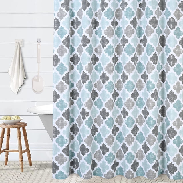 Geometric Geometric Design Fabric Shower Curtain - 72x72 Inches - Heavy Textured Poly-Cotton, Fungus Resistant, Modern Farmhouse Decor - Water/Gray - Size: 72''*72'' - Color: Light Blue Gray
