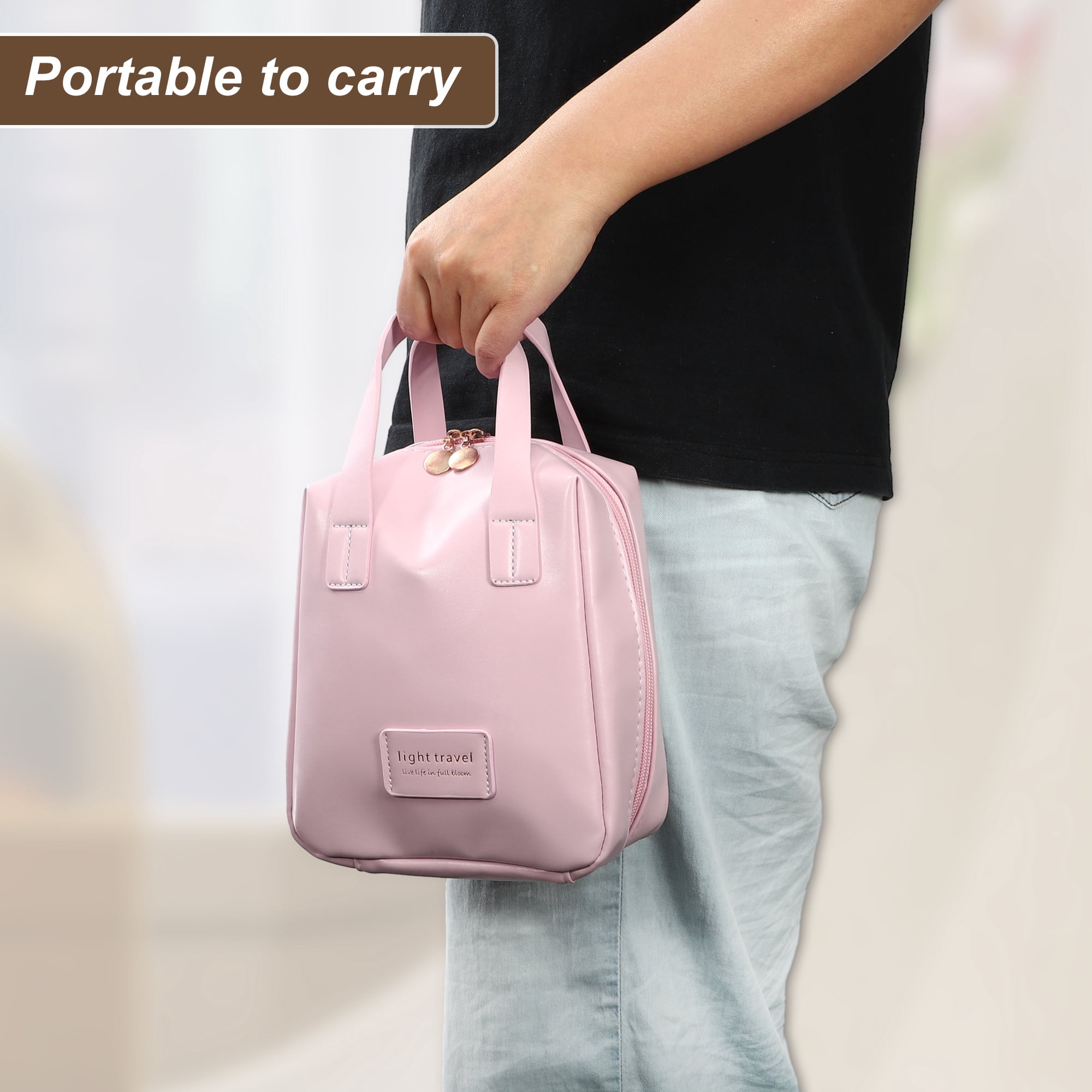 Unique Bargains Portable Makeup Bag Large Capacity Travel Makeup Pouch with Handle Pink