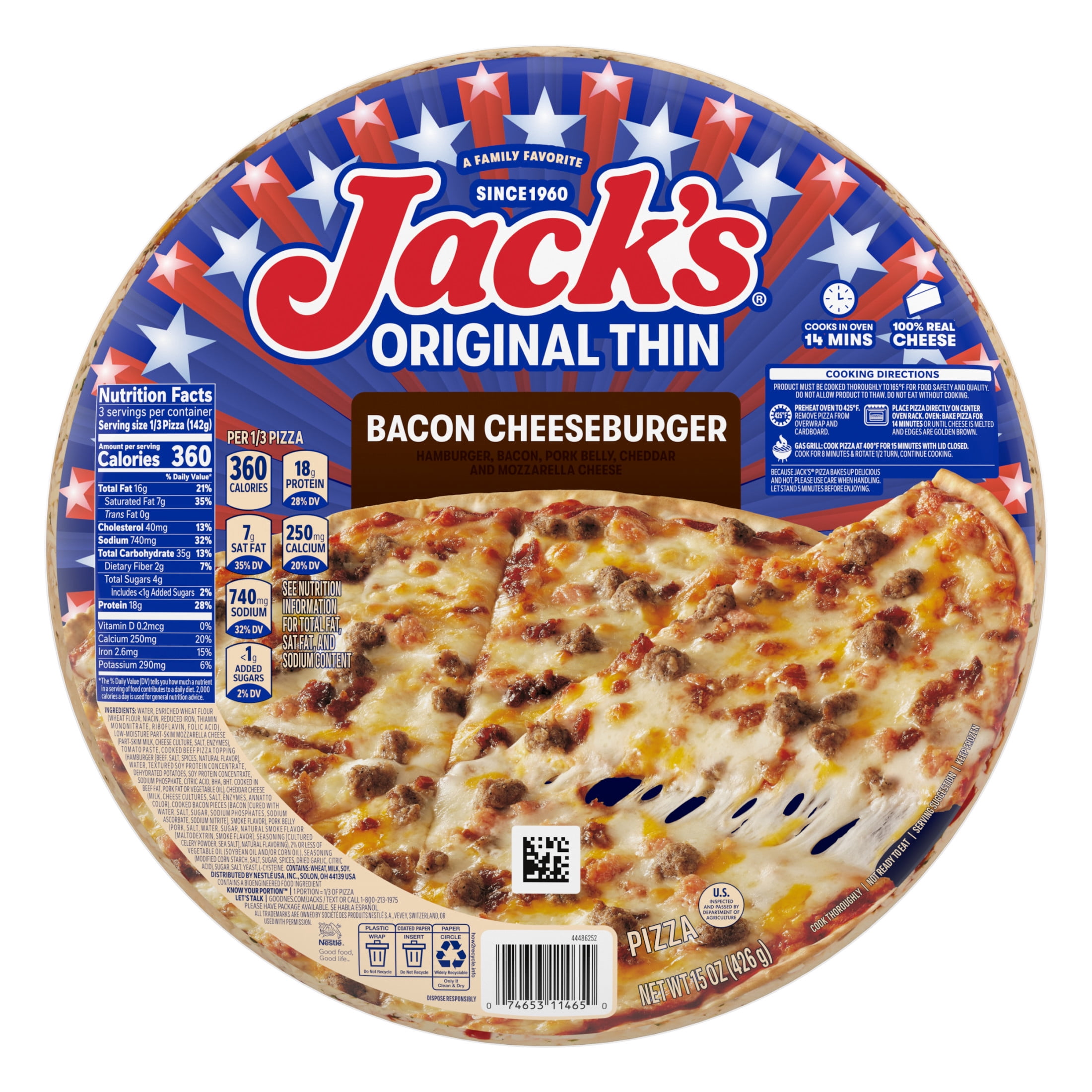 Jack's Bacon Cheeseburger, Original Thin Crust Pizza, 15 oz (Frozen)