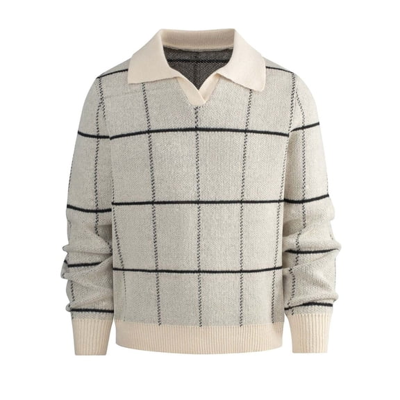 Men's Knitted Sweater Plaid Long Sleeve Pullover Tops Casual Lape V-neck Sweaters Fall Winter Shirt Khaki S