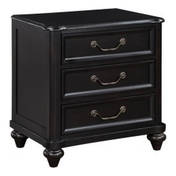 Vix 27 Inch Nightstand- 3 Drawers- Molded Design Pewter Drop Handles- Black