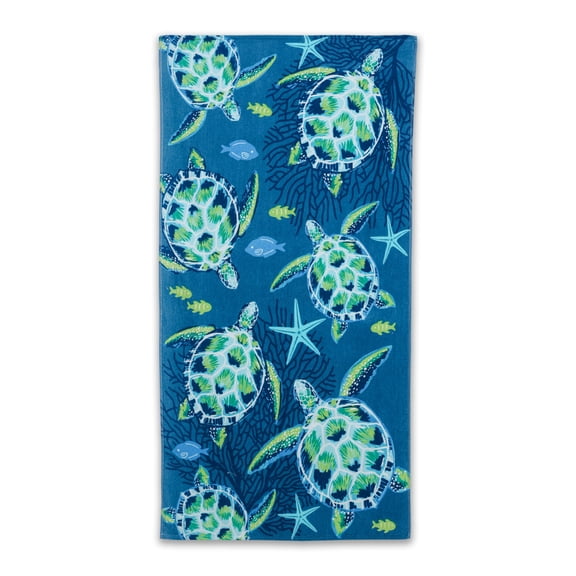 Printed Turtle Toss Beach Towel, Soft Absorbent Cotton, 30 x 60 Inches, Oeko-Tex Certified