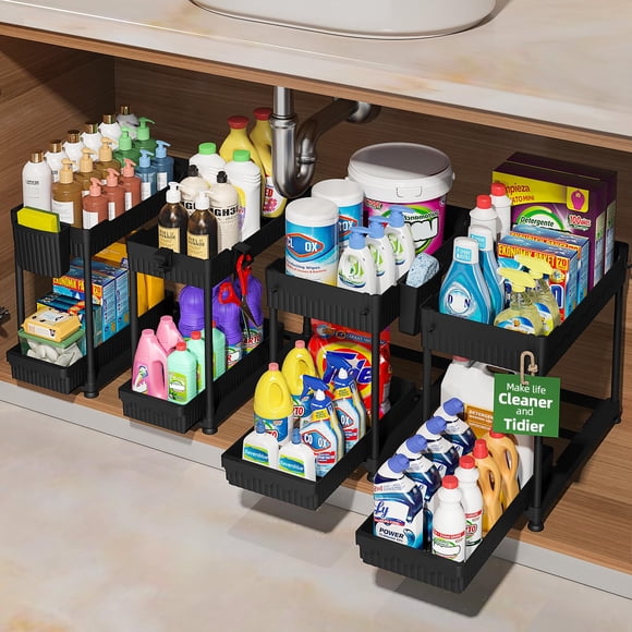 Sevenblue 4 Pack Under Sink Organizer and Storage, 2 Tier Sliding Bathroom Organizers, Multi-Use Under Sink Organizer for Bathroom and Kitchen (4 Pac