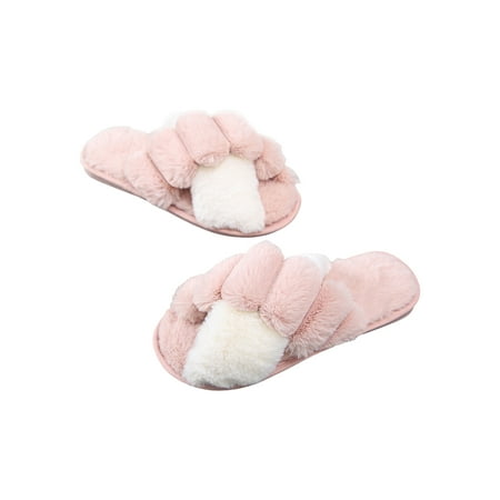 

Hapeisy Women s Fuzzy Slippers Cross Band Memory Foam House Slippers Open Toe Non-Slip Slippers