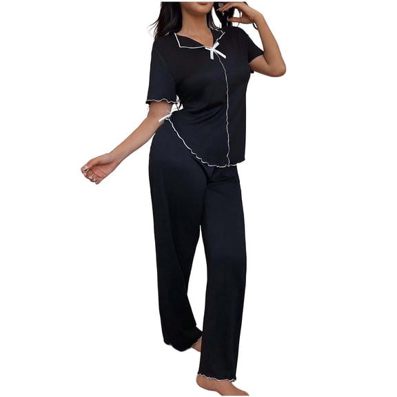 Women Pajama Set Solid Bow Detail Short Sleeve Top with Elastic Waist Long Pants Soft Outfit