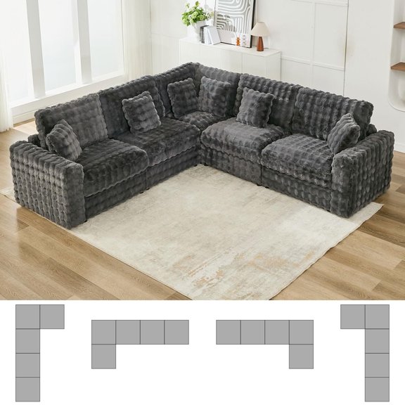 Othniel 115’’ Oversized 5 Seater Modular Sectional Sofa Convertible Plush Faux Fur with 6 Pillows L Shaped Large Cloud Couch Deep Seat for Living Room,Grey